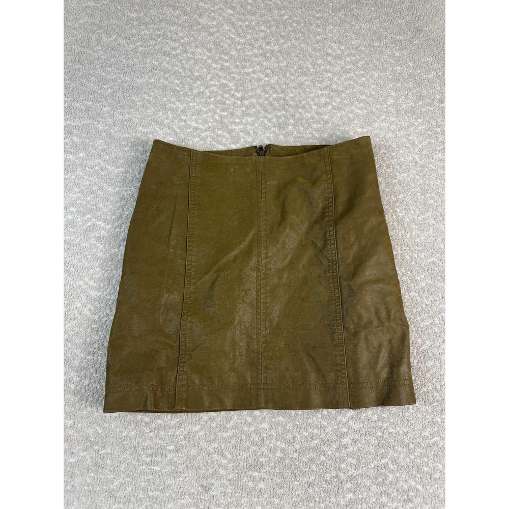 Free People Skirt Womens 2 Olive Green Faux Leather Mini Zip‎ Back High Waist